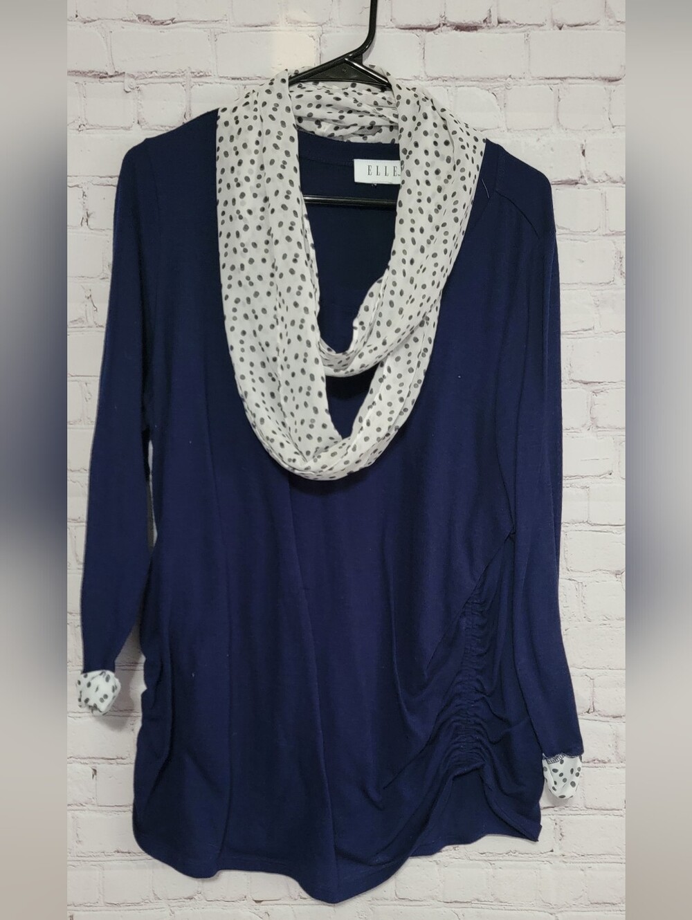 Navy Blue Long Sleeve Top with Polka Dot Infinity Scarf 2X